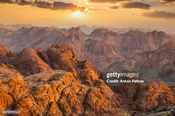 view from mount sinai at sunrise. beautiful mountain landscape in egypt - mt sinai stock pictures, royalty-free photos & images