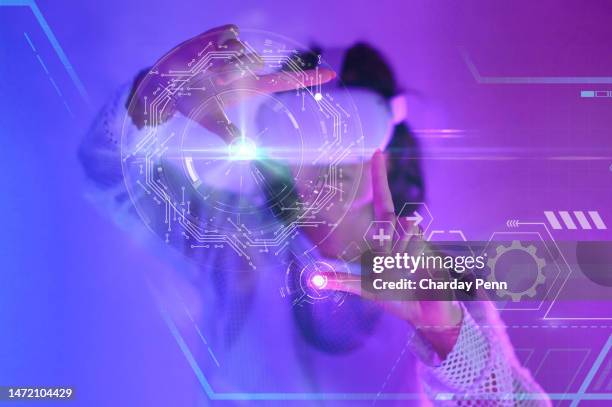 close-up of fingers touching holograms on digital virtual screen - evolution woman stockfoto's en -beelden