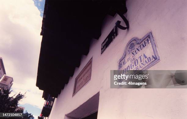 Street board at the Plaza de Bolivar in the district La Candelaria in Bogota city, Colombia, in the 80s.