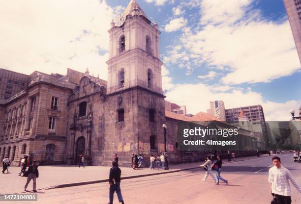 San Francisco church in Plaza Bolívar in the historic district La Candelaria in Bogota city, Colombia, in the 80s.