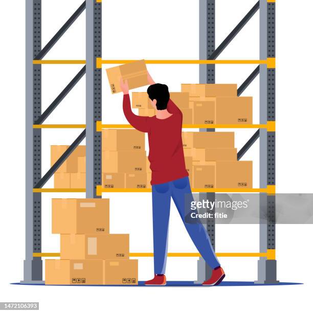 stockillustraties, clipart, cartoons en iconen met young man business worker on back view organizing packages at storehouse - storage compartment