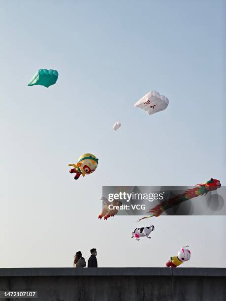 People fly kites at a park on March 5, 2023 in Shantou, Guangdong Province of China.