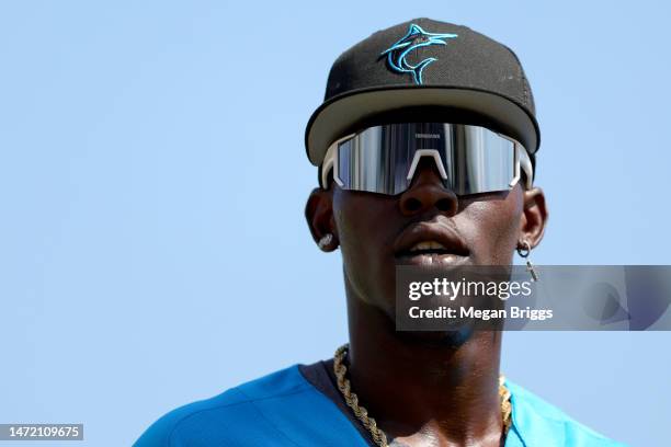 Jazz Chisholm Jr. #2 of the Miami Marlins looks on prior to a game