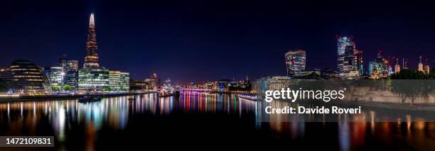 high resolution panoramic picture of the river thames, the southbank, the tower of london and the financial district taken from the tower bridge - hdri 360 city night stock pictures, royalty-free photos & images