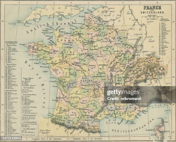 old chromolithograph map of france - england-france-map stock pictures, royalty-free photos & images