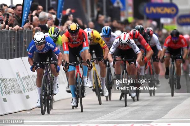 Jasper Philipsen of Belgium and Team Alpecin-Deceuninck, Biniam Girmay of Eritrea and Team Intermarché – Circus – Wanty, Phil Bauhaus of Germany and...