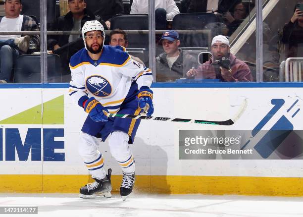 Jordan Greenway of the Buffalo Sabres skates against the New York Islanders at the UBS Arena on March 07, 2023 in Elmont, New York.