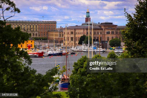 boats along stockholm strandvägen waterfront - strandvägen stock pictures, royalty-free photos & images