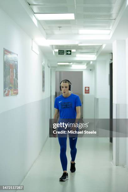 Keely Hodgkinson warms up ahead of the women's 800m first round heats on day 2 of the European Indoor Championships at the Atakoy Arena on March 02,...