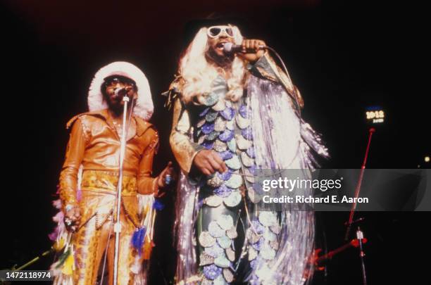 George Clinton performing on stage with American funk band Parliament, USA, 1978.