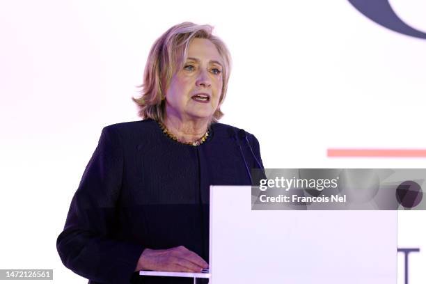 Former U.S. Secretary of State Hillary Clinton speaks on stage at the Forbes 30/50 Summit International Women's Day Awards Gala 2023 on March 08,...