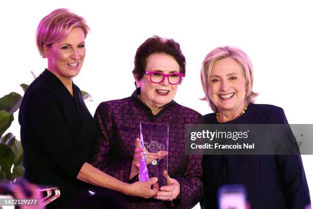 Billie Jean King poses after receiving "The Know Your Value Award" with Chair of the 30/50 Summit Mika Brzezinski and Former U.S. Secretary of State...