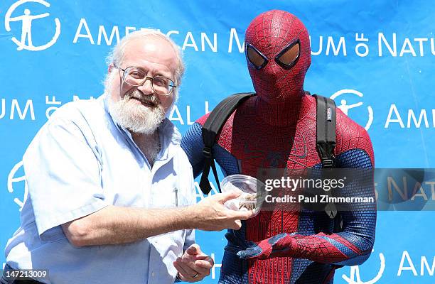 Spiderman delivers a Chilean Rose Tarantula to Curator, AMNH, Division of Invertebrate Zoology, Norman Platnick at the American Museum of Natural...