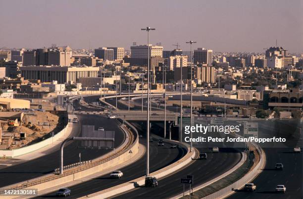Cars and traffic on a multi lane highway in the centre of Riyadh, capital city of Saudi Arabia in February 1989.