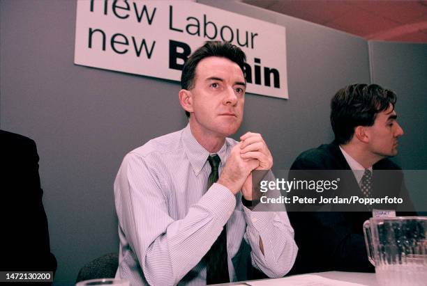 British Labour Party politician Peter Mandelson, Member of Parliament for Hartlepool, speaks at a Labour Party meeting in England in 1996.