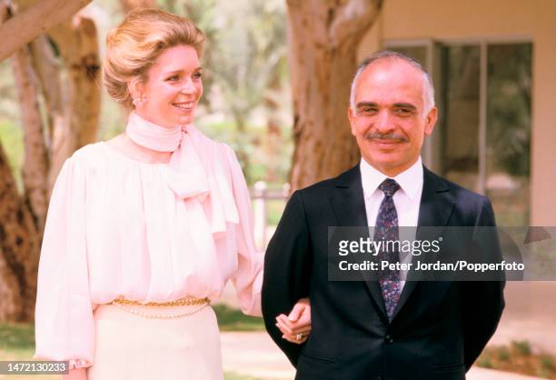 King Hussein of Jordan and Queen Noor of Jordan posed together in the city of Aqaba in Jordan on 27th March 1984. American born Lisa Halaby became...