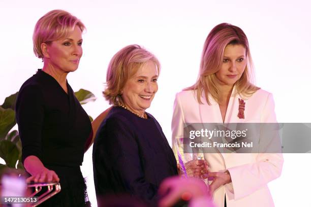 First Lady of Ukraine Olena Zelenska poses after receiving "The Torch of Freedom Award" with chair of the 30/50 Summit Mika Brzezinski and Former...