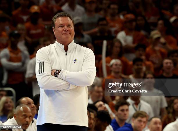 Head coach Bill Self of the Kansas Jayhawks stands on the court during the game with the Texas Longhorns at Moody Center on March 04, 2023 in Austin,...