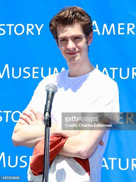 Actor Andrew Garfield delivers a Chilean Rose Tarantula to the American Museum of Natural History on June 27, 2012 in New York City.
