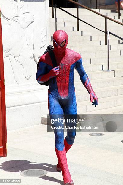 Spider-Man delivers a Chilean Rose Tarantula to the American Museum of Natural History on June 27, 2012 in New York City.