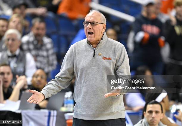 Head coach Jim Boeheim of the Syracuse Orange reacts during the first half of their game against the Wake Forest Demon Deacons in the second round of...