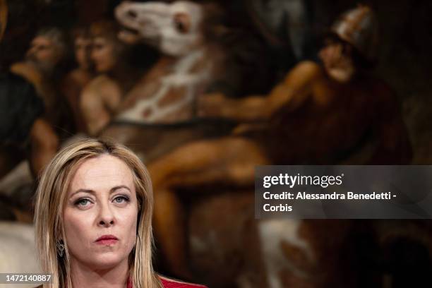 Italy's Prime Minister Giorgia Meloni looks on during a press briefing following a meeting with Prime Minister of the Netherlands Mark Rutte at Chigi...