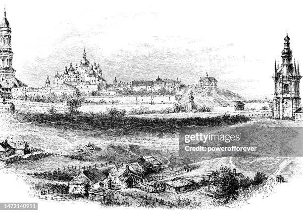 kyivo-pechers’ka lavra monastery in kyiv, ukraine - 19th century - lavra monastery stock illustrations