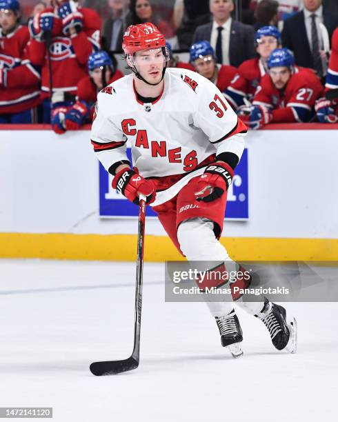 Andrei Svechnikov of the Carolina Hurricanes skates in the shootout against the Montreal Canadiens at Centre Bell on March 7, 2023 in Montreal,...