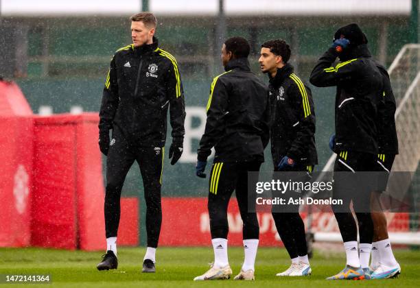 Wout Weghorst and Zidane Iqbal of Manchester United train during a training session ahead of their UEFA Europa League round of 16 leg one match...