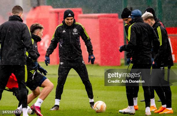 Casemiro of Manchester United trains during a training session ahead of their UEFA Europa League round of 16 leg one match against Real Betis at Old...
