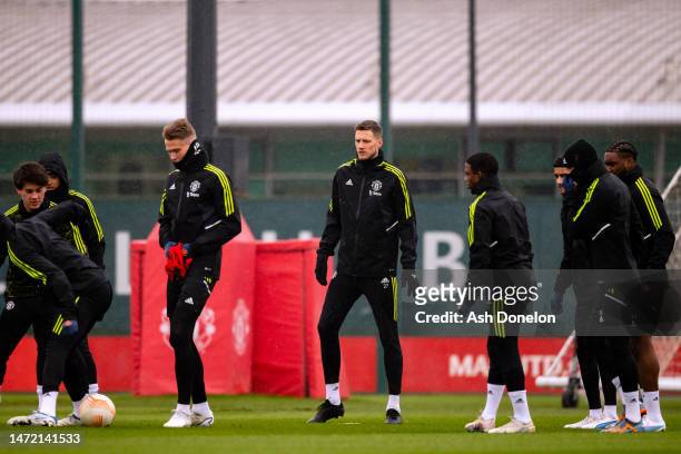 Wout Weghorst of Manchester United trains during a training session ahead of their UEFA Europa League round of 16 leg one match against Real Betis at...
