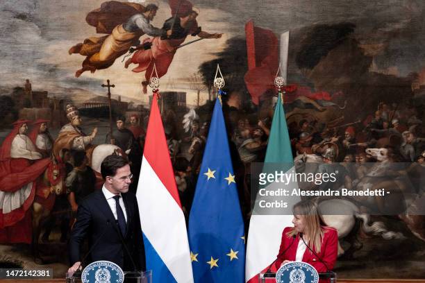 Italy's Prime Minister Giorgia Meloni attends a press briefing with Prime Minister of the Netherlands Mark Rutte at Chigi Palace, on March 08, 2023...