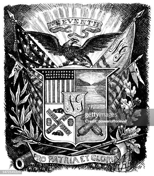 7th new york militia regiment coat of arms - 19th century - american flag shield stock illustrations