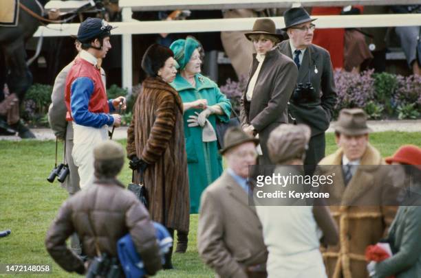 British Royals Charles, Prince of Wales, wearing jockey silks, Princess Margaret, Countess of Snowdon, wearing a fur coat and fur hat, Queen...