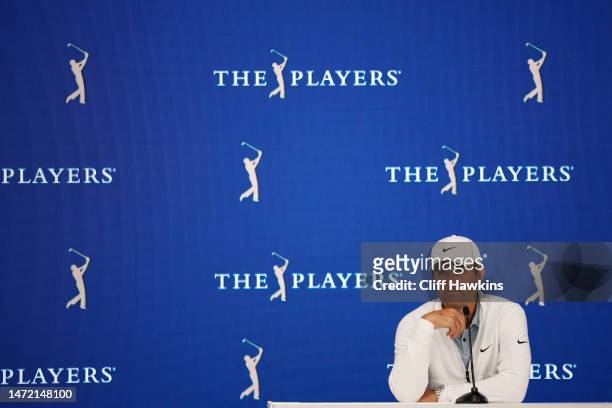 Scottie Scheffler of the United States speaks to the media during a press conference prior to THE PLAYERS Championship on THE PLAYERS Stadium Course...
