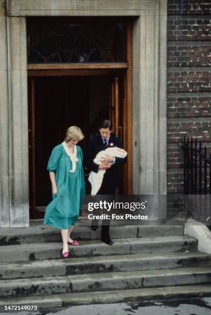 British Royals Charles, Prince of Wales, with his wife Diana, Princess of Wales, wearing a green-and-white polka dot Catherine Walker dress, as...