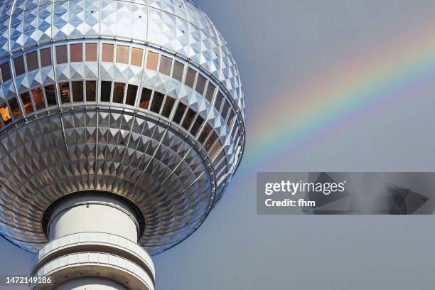 television tower berlin with rainbow (germany) - berlin gay pride stock pictures, royalty-free photos & images