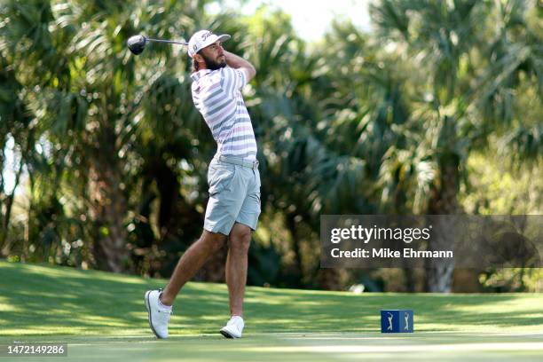 Max Homa of the United States plays his shot from the seventh tee during a practice round prior to THE PLAYERS Championship on THE PLAYERS Stadium...