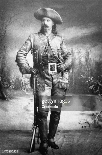 buffalo bill portrait, full length - buffalo bill stock illustrations