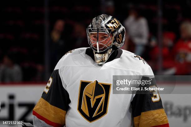 Goaltender Jonathan Quick of the Vegas Golden Knights skates the ice during warm ups prior to the start of the game against the Florida Panthers at...