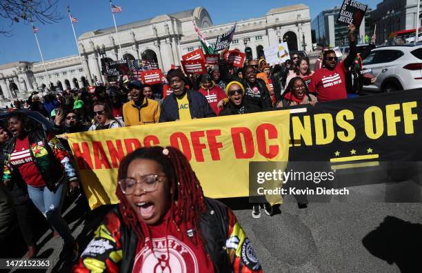 Demonstrators participate in a rally for Washington, DC independence near the U.S. Capitol on March 08, 2023 in Washington, DC. The group is...