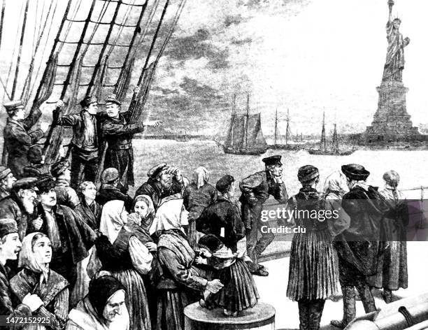 arrival of migrants in new york - liberty state park stock illustrations