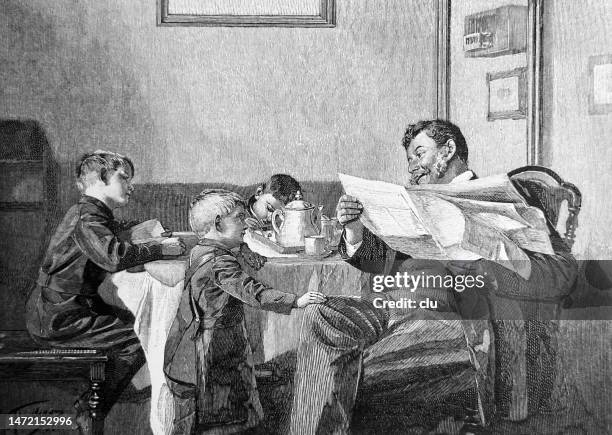 father sits reading newspaper at the coffee table and explains the world to his 3 boys - newspaper on table stock illustrations