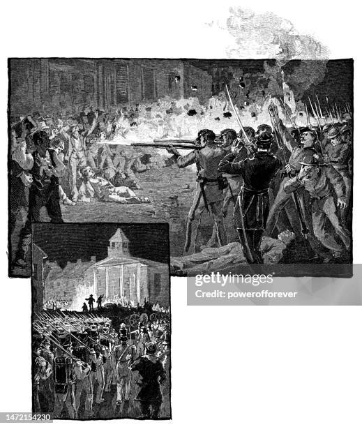 7th new york militia regiment at the astor place riot and new york anti-abolitionist riots, drawings by henry pruett share - 19th century - astor place riot stock illustrations