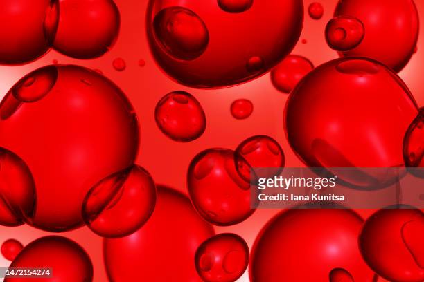 red molecules, drops. 3d bubbles pattern. beauty background. cosmetic products for makeup and skin care. blood cells. medicine and healthcare. - period blood foto e immagini stock