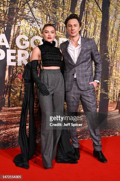 Florence Pugh and Zach Braff arrive at the "A Good Person" UK Premiere at The Ham Yard Hotel on March 08, 2023 in London, England.