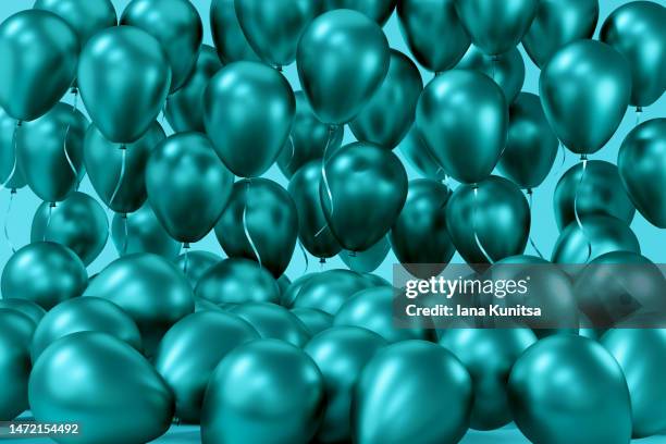 glossy green, blue, turquoise balloons. beautiful 3d greeting background, panoramic banner. - blue balloons stock pictures, royalty-free photos & images