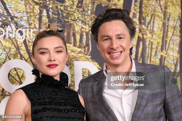 Florence Pugh and Zach Braff arrive at the "A Good Person" UK Premiere at The Ham Yard Hotel on March 08, 2023 in London, England.