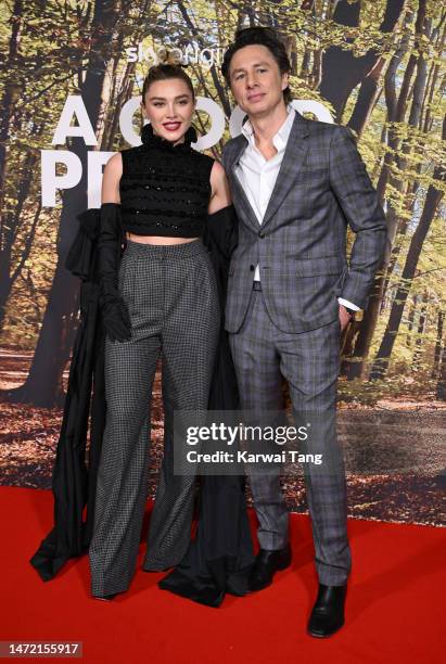 Florence Pugh and Zach Braff attend the "A Good Person" UK Premiere at The Ham Yard Hotel on March 08, 2023 in London, England.