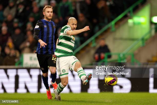 Daizen Maeda of Celtic shoots during the Cinch Scottish Premiership match between Celtic FC and Heart of Midlothian at Celtic Park on March 08, 2023...